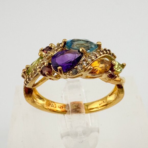 Colorful Gemstone Bouquet Ring in Sterling Silver with 14kt Gold Overlay - Picture 2 of 16